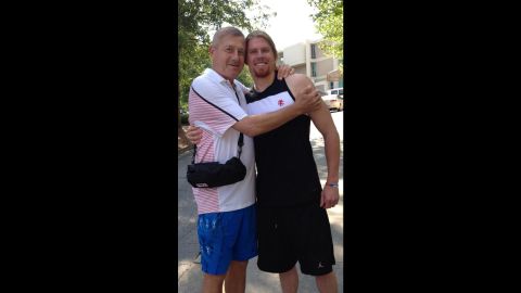 Sager hugs his son, Craig Sager II, before his bone marrow transplant.