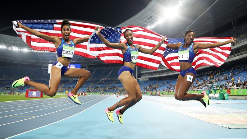 Americans swept the final of the 100-meter hurdles. From left are bronze medalist Kristi Castlin, gold medalist Brianna Rollins and silver medalist Nia Ali.