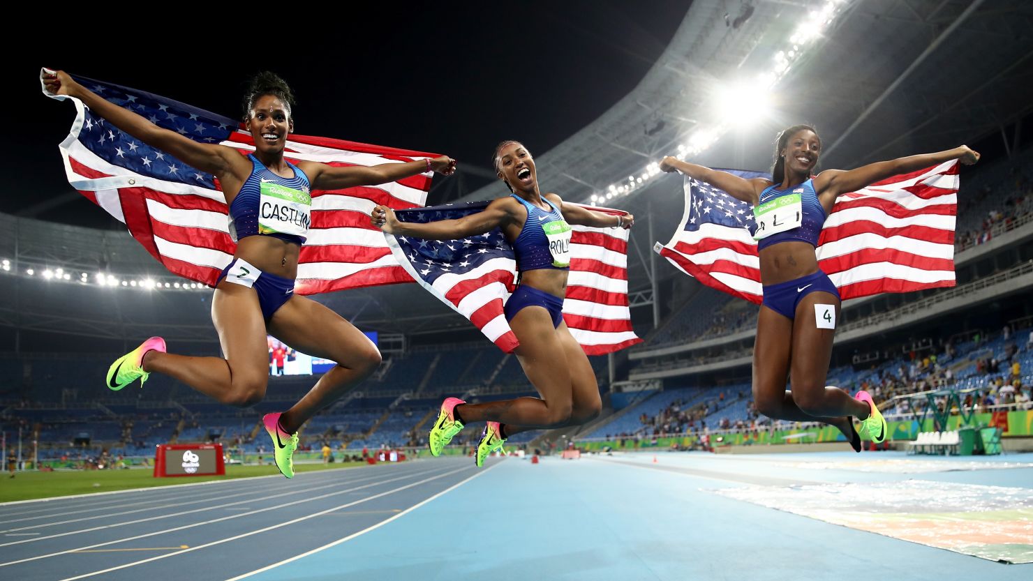 The US trio celebrated after their stunning hurdles success.