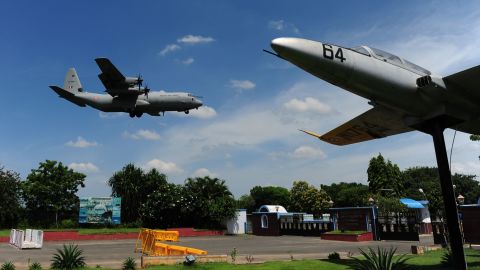 An Indian Air Force Hercules comes in to land in Chennai after a search for the missing plane.