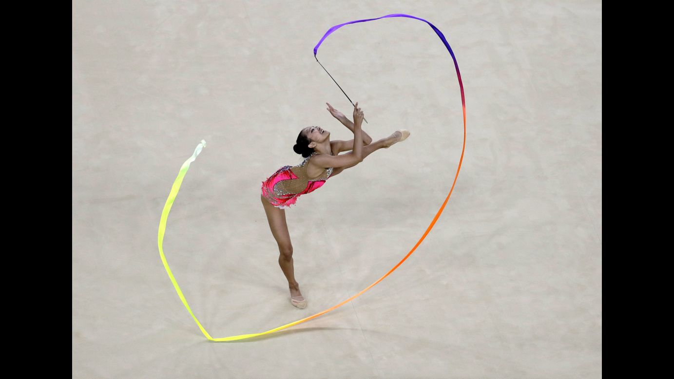 U.S. rhythmic gymnast Laura Zeng practices her routine.
