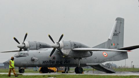 An Indian Air Force Antonov An-32 transport plane -- the same aircraft that is missing -- at an air base in Srinagar in 2014.