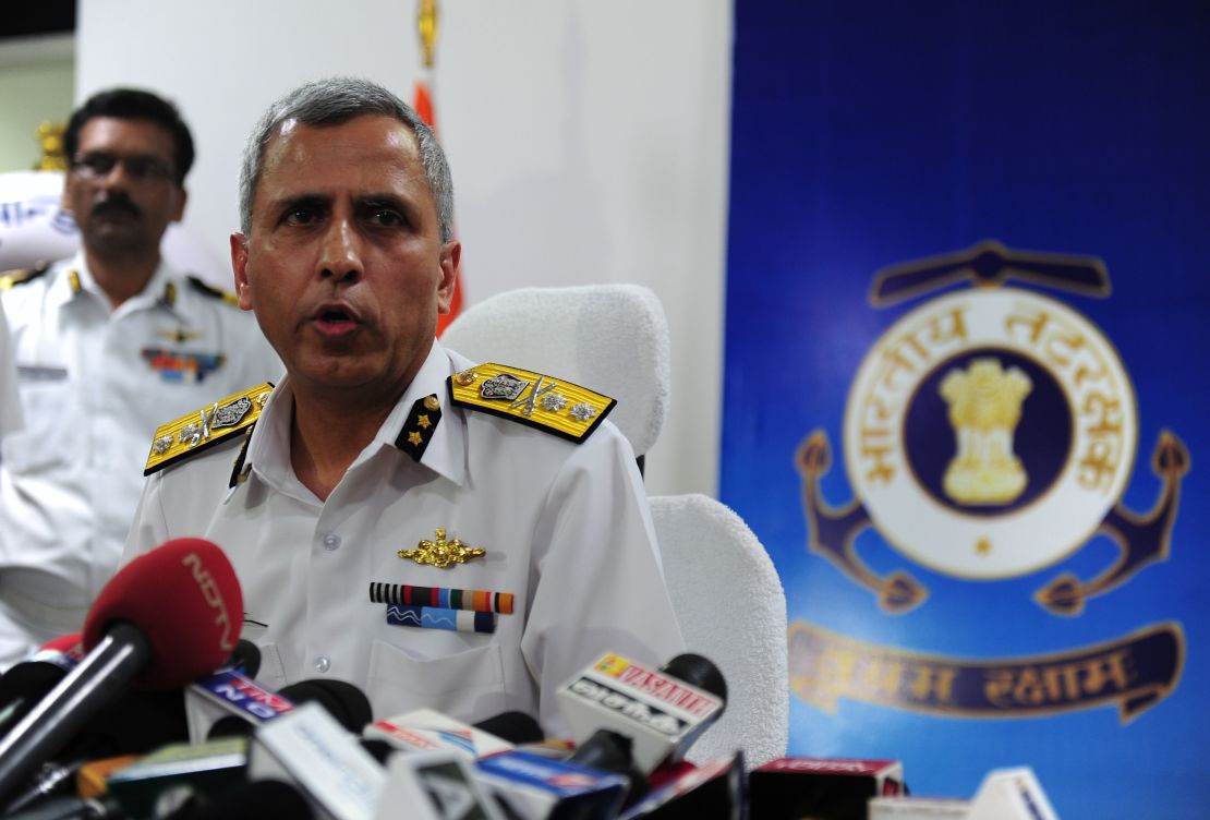 Inspector General Rajan Bargotra of the Indian Coast Guard briefs reporters on the search efforts.
