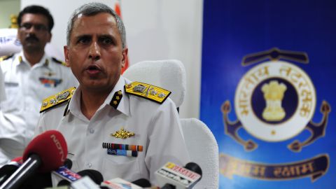 Inspector General Rajan Bargotra of the Indian Coast Guard briefs reporters on the search efforts.