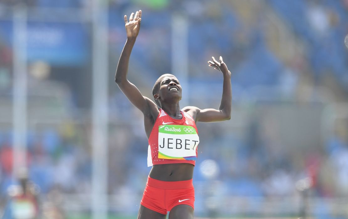 Jebet celebrates her 3000m steeplechase final win.