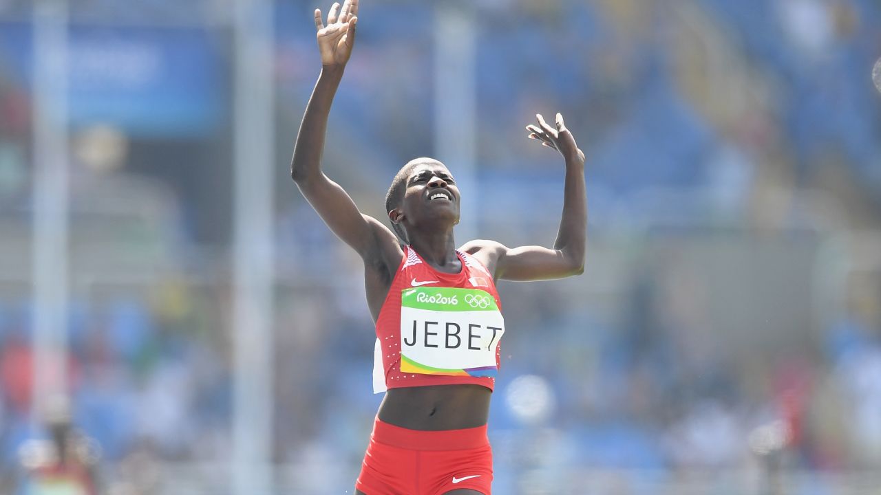 Jebet celebrates her 3000m steeplechase final win.
