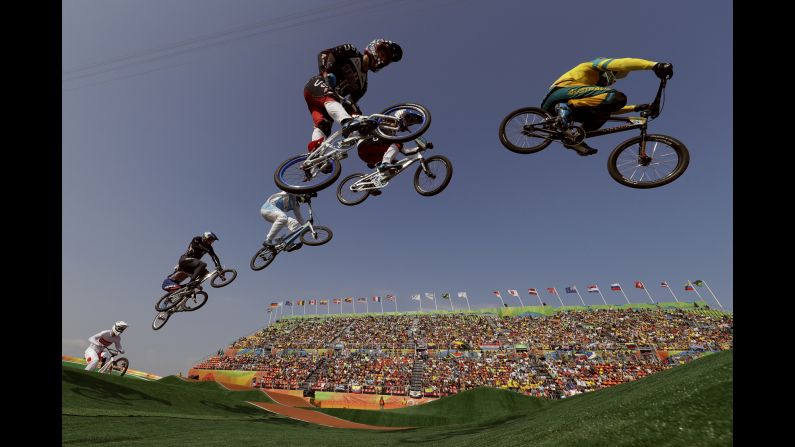 BMX riders take flight during the quarterfinals.