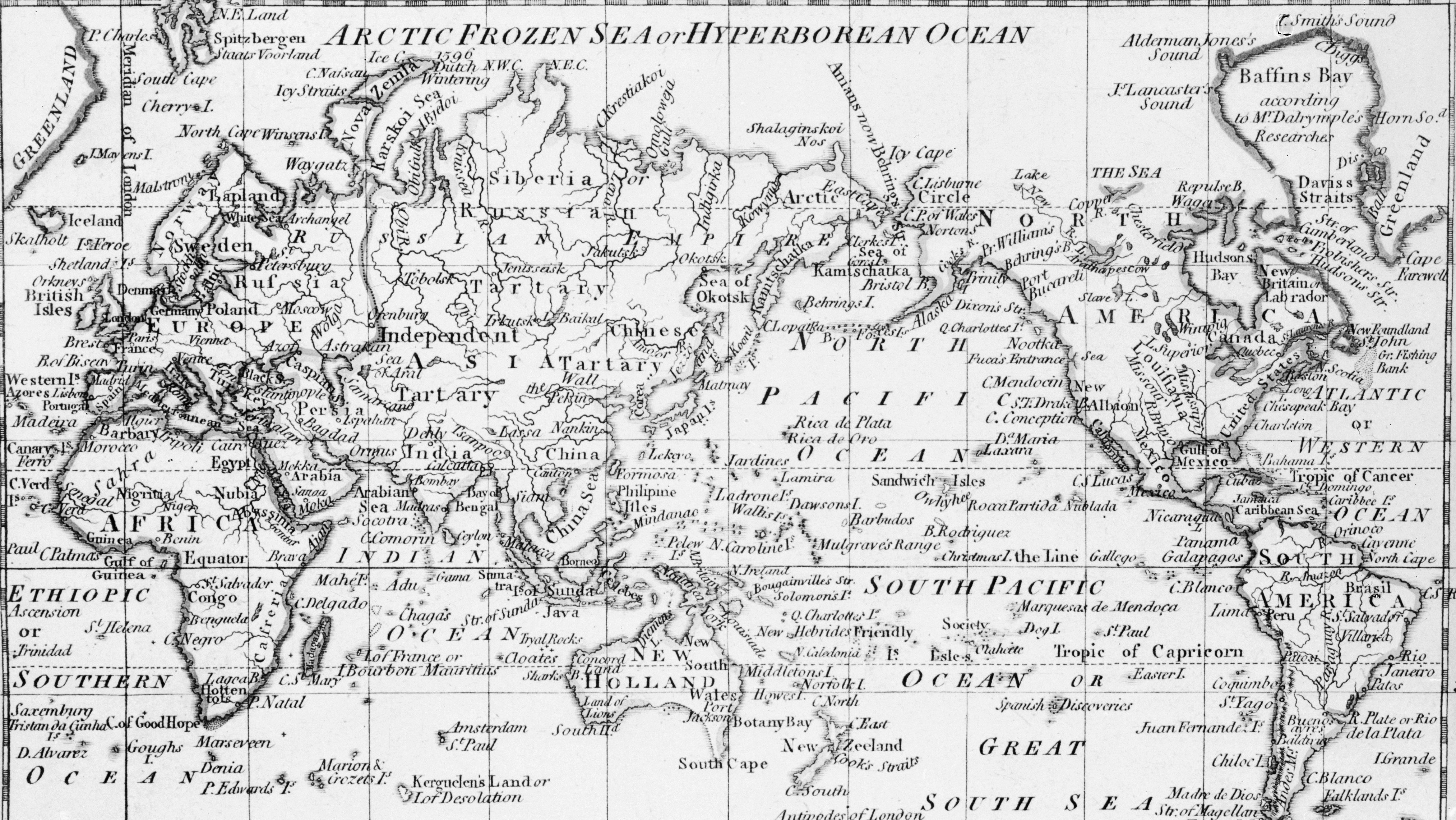 Chart of the world as per Mercator's projection, circa 1798, with the most recent discoveries. 