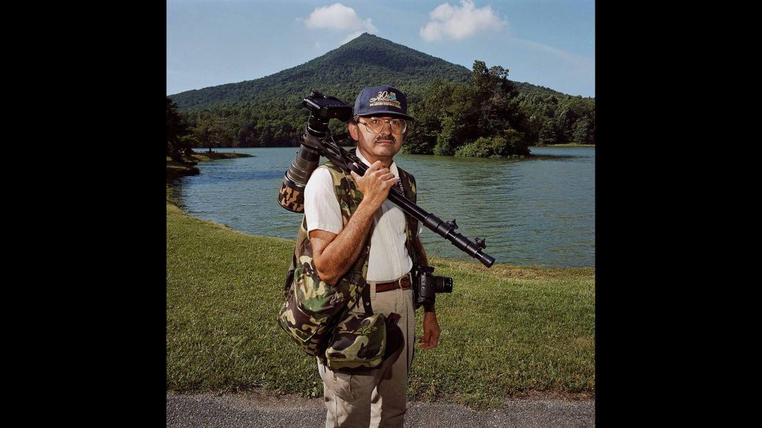 <em>Birder at Peaks of Otter, Blue Ridge Parkway, Virginia, 1999. </em>This birder was "so earnest and ready to go and it was early in the morning and he just couldn't wait," Minick said.