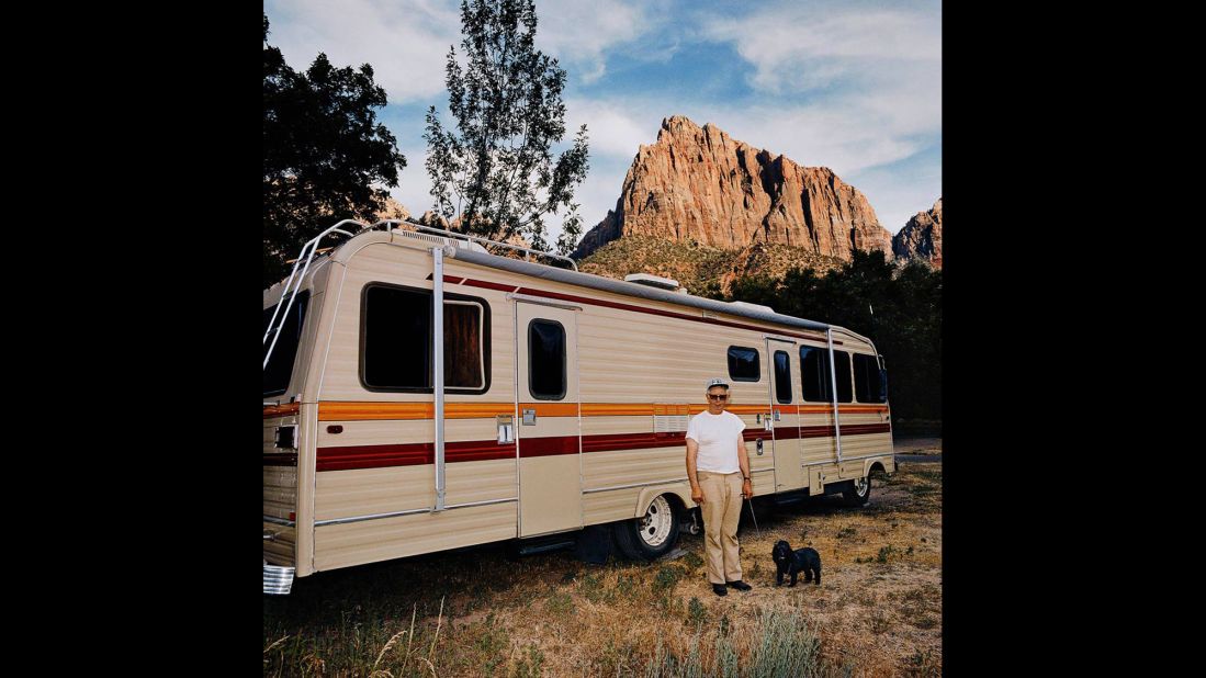 <em>Man with Dog in Front of Motorhome, Zion Canyon National Park, Utah, 1980. </em>At first, Minick resisted the idea of the Sightseer series because it was such a departure from the formal landscape photography he'd done in the past.