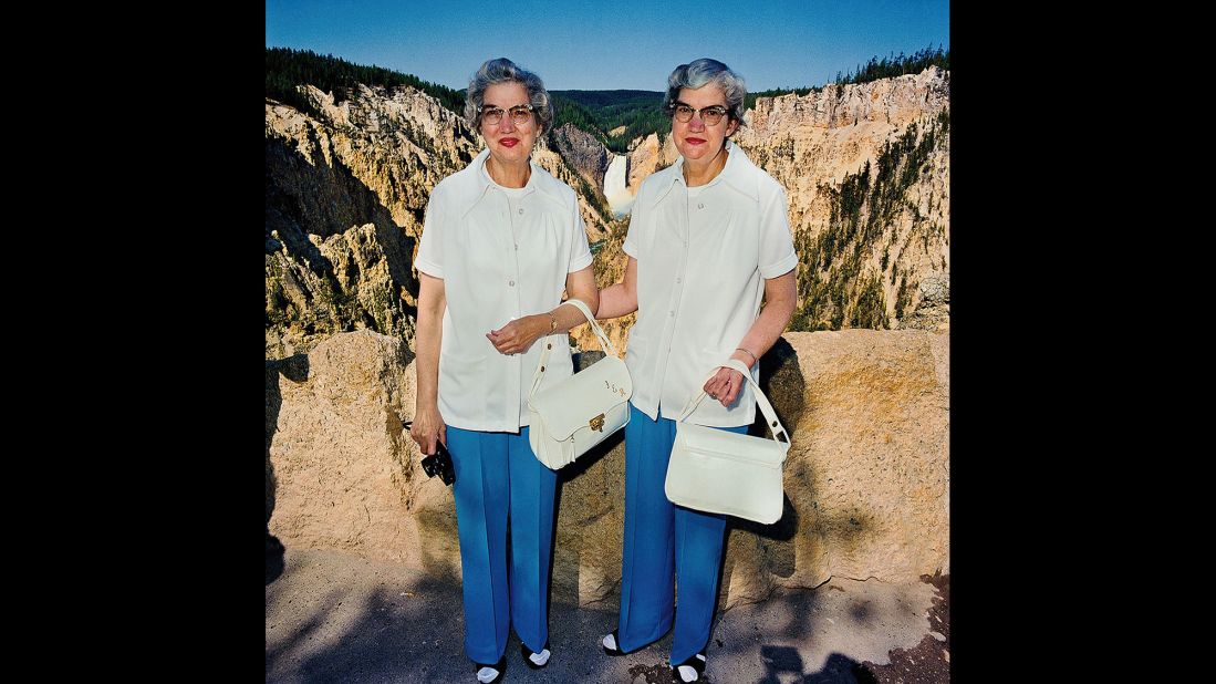 <em>Twins with Matching Outfits at Lower Falls Overlook, Yellowstone National Park, 1980. </em>Minick's interactions with his subjects were usually brief, but he tried to capture a range of expressions.