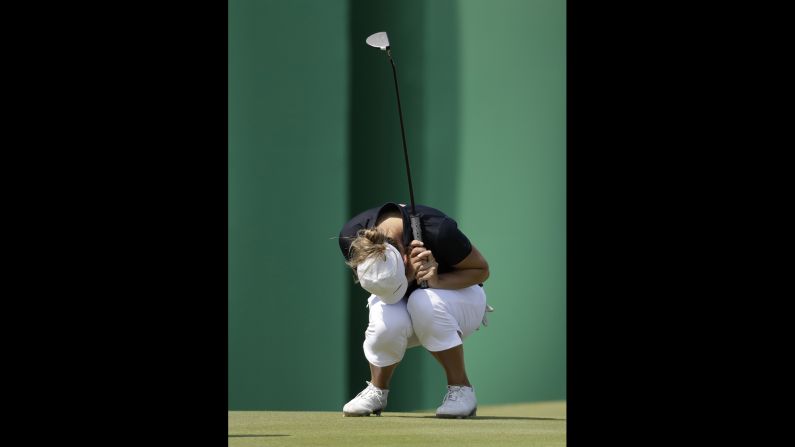 Norwegian golfer Marianne Skarpnord reacts to a missed birdie putt during the second round.