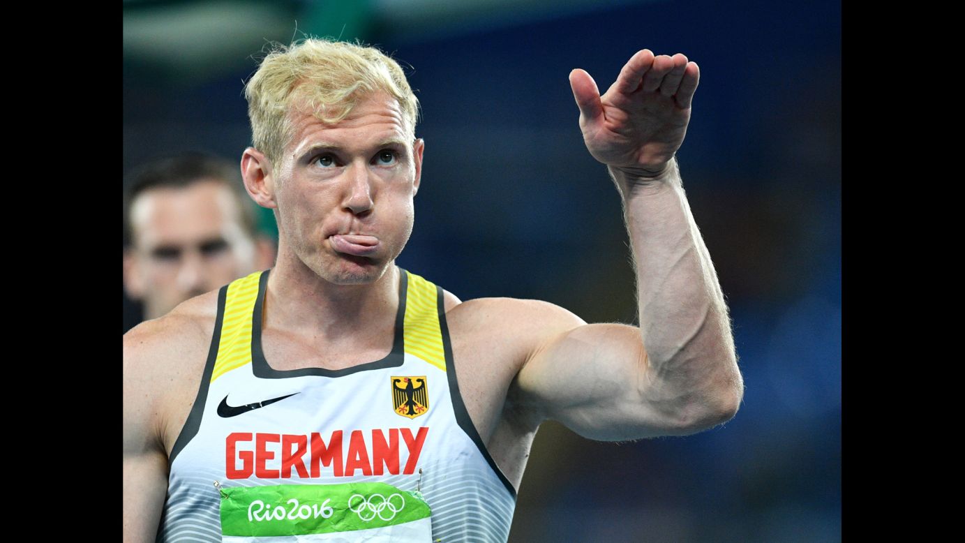German decathlete Arthur Abele gestures during the javelin portion of the event.