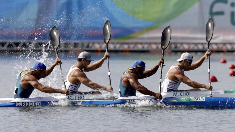 South Korea's Min-kyu Choi and Gwang-hee Cho race Brazil's Gilvan Bitencourt Ribeiro and Edson Isaias Freitas da Silva during the K-2 200-meter sprint.