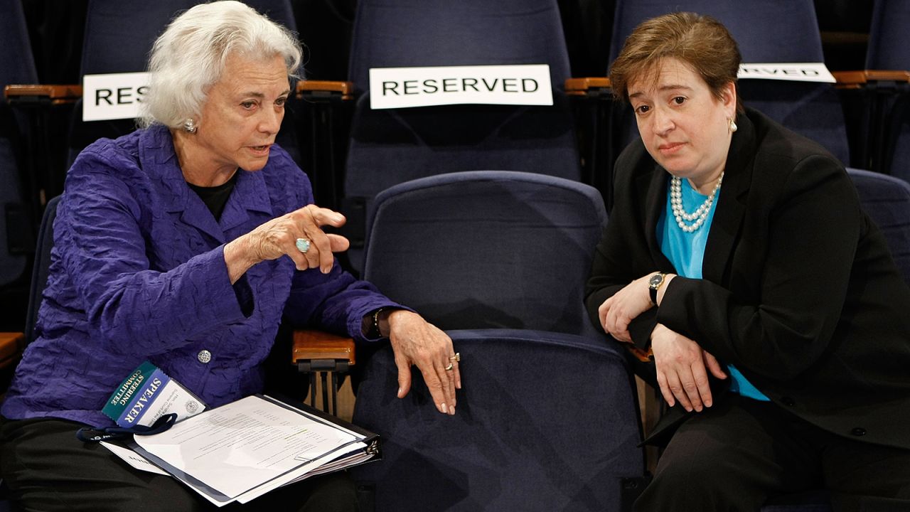 O'Connor talks with then-Solicitor General Elena Kagan at the Georgetown University Law Center in May 2009. Kagan would go on to join the Supreme Court after being nominated by President Barack Obama.
