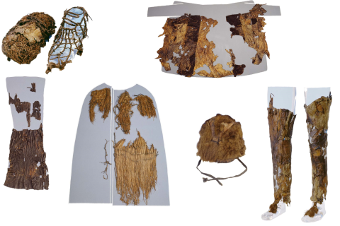 The Iceman's clothing was well-preserved, considering how long it was exposed to the elements. From top left: A shoe with grass interior (left) and leather exterior (right), the leather coat (reassembled by the museum), leather loincloth, grass coat, fur hat, and leather leggings.