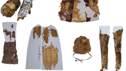 Assemblage of images of the Iceman's clothing as on display at the Museum of Archaeology, Bolzano. From Top Left: A shoe with grass interior (left) and leather exterior (right), the leather coat (reassembled by the museum), leather loincloth, grass coat, fur hat, and leather leggings.