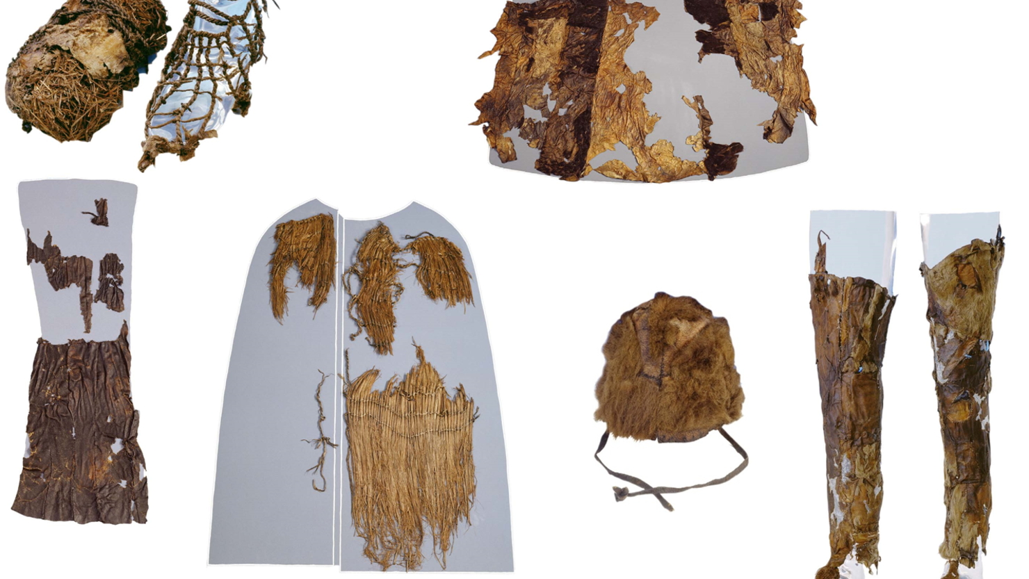 Otiz's clothing are on display from top left: A shoe with grass interior (left) and leather exterior (right), the leather coat (reassembled by the museum), leather loincloth, grass coat, fur hat, and leather leggings.
