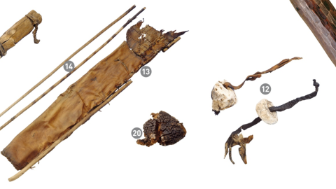 Otzi left behind a stone dagger, bows, leather quiver, tinder fungus, birch fungus and birch bark (from left to right). 