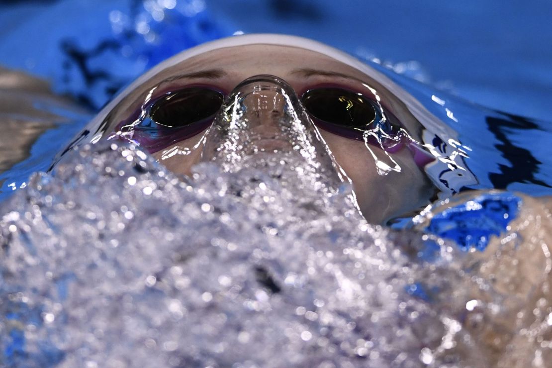 Hosszu competing in a women's 200m backstroke heat.