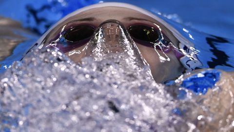 Hosszu competing in a women's 200m backstroke heat.