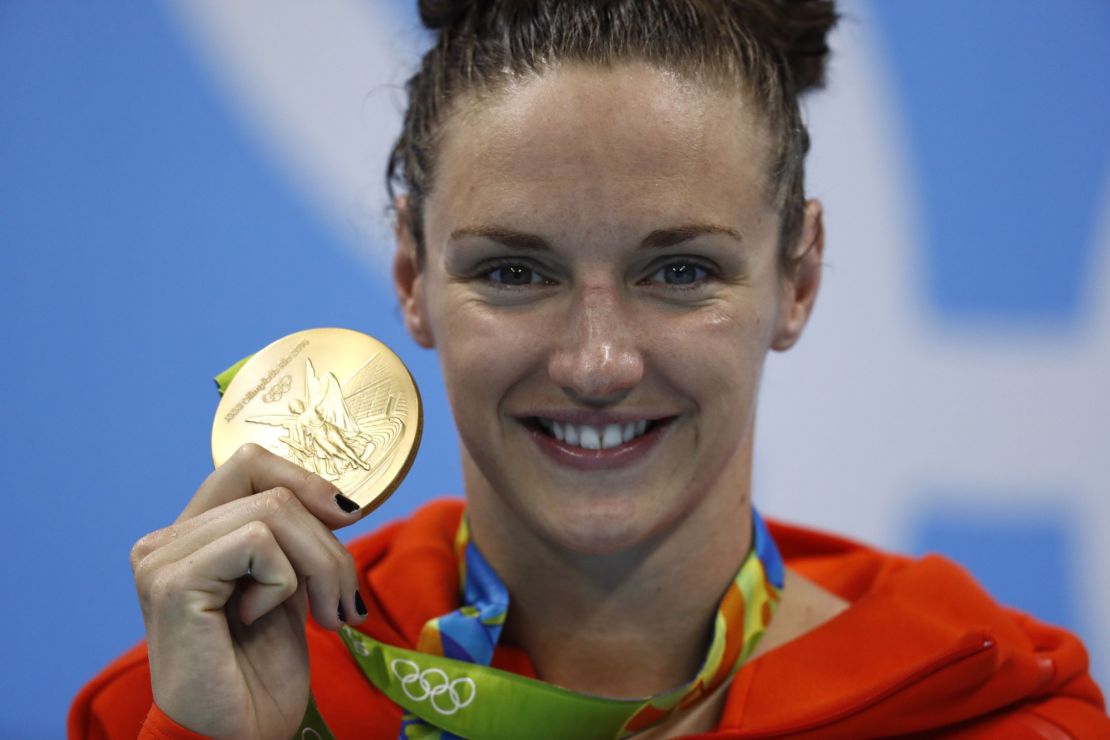Home favorite Katinka Hosszu is pictured with her gold medal after winning the 200m individual medley final at Rio 2016.
