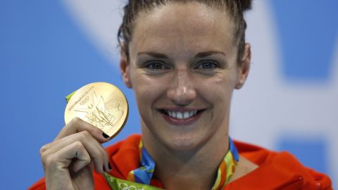 Home favorite Katinka Hosszu is pictured with her gold medal after winning the 200m individual medley final at Rio 2016.
