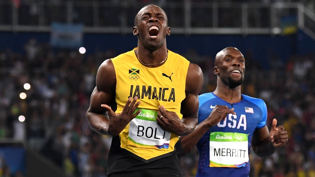 Jamaica's Usain Bolt celebrates after crossing the finish line to win the men's 200m final on August 18.