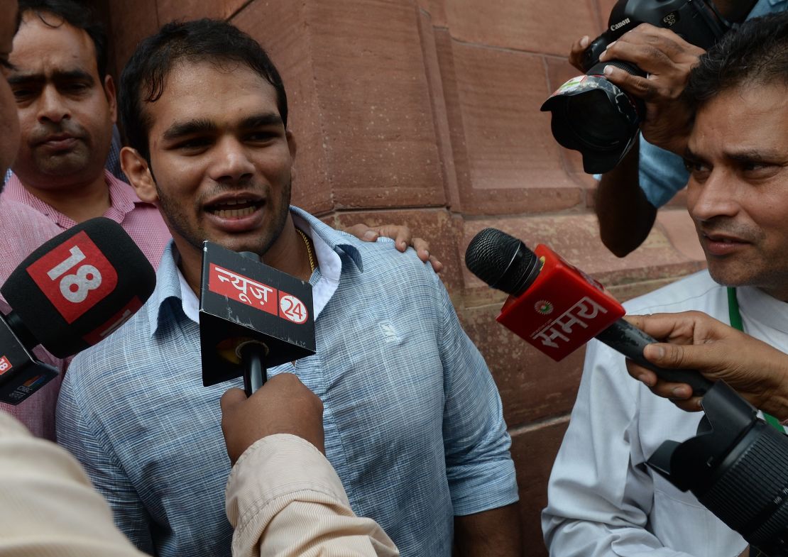 Yadav speaks to media leaving Parliament House in New Delhi on August 2, 2016. India's anti-doping agency revived his hopes of Olympics glory by clearing him of consuming a banned substance.