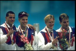 Sept. 1988: The US men's freestyle relay team, with Dalbey, second from right, celebrates winning the gold in Seoul. 