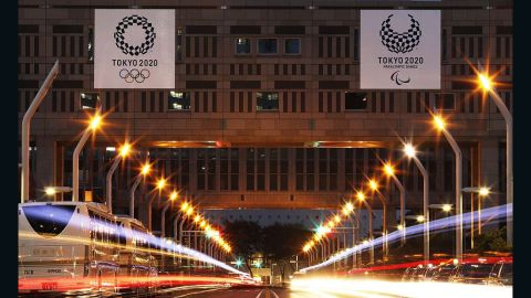 The 2020 Tokyo Olympics emblems displayed on a building of the Tokyo metropolitan government. It is just over four years until the games' opening ceremony.