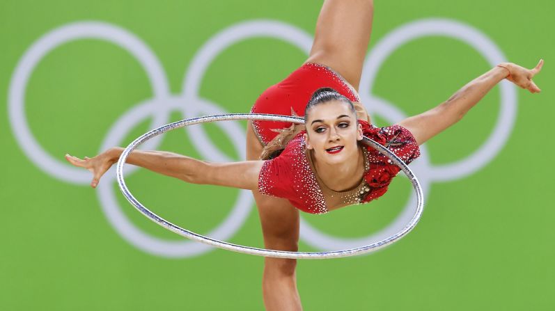 Ekaterina Volkova, a rhythmic gymnast from Finland, takes part in qualification for the individual all-around.