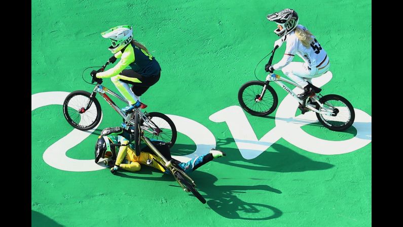 Australia's Caroline Buchanan crashes out of the BMX semifinals.