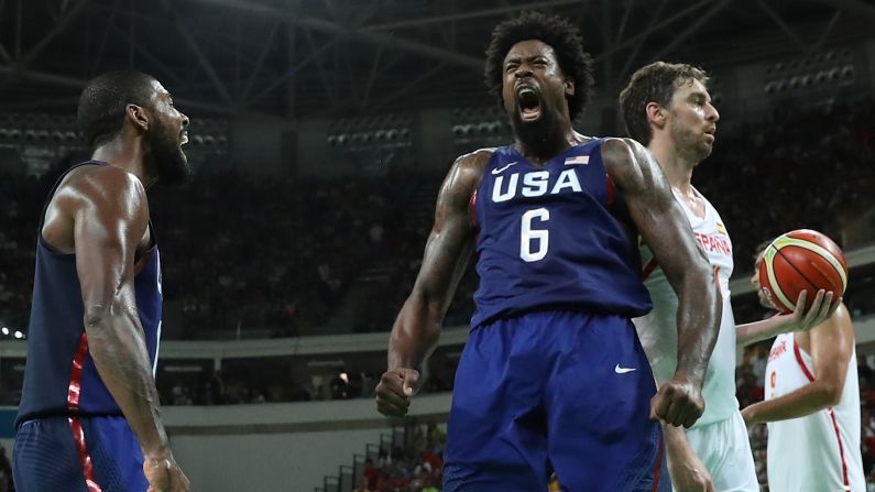 DeAndre Jordan (No. 6) celebrates a dunk during a semifinal victory against Spain. The Americans won 82-76 and will play Serbia in the gold-medal game.