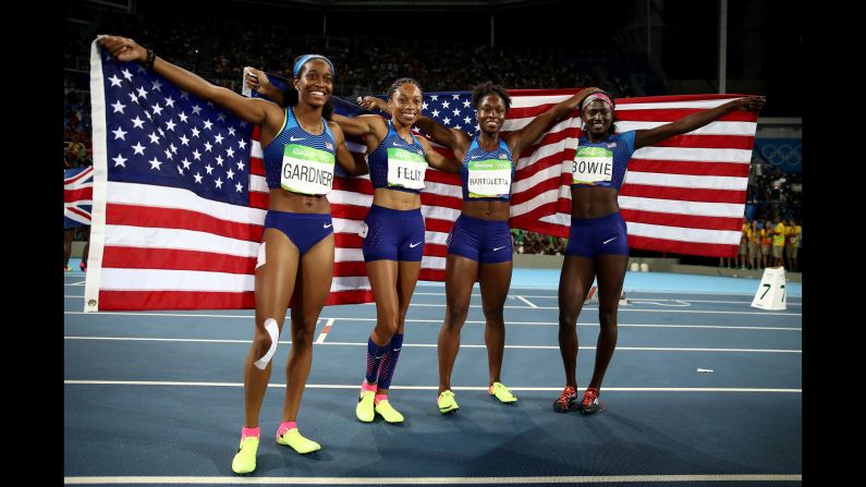 The United States won gold in the women's 4x100. The winning team was comprised of English Gardner, Allyson Felix, Tianna Bartoletta and Tori Bowie.