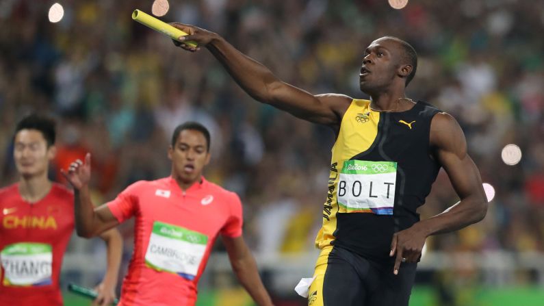 Jamaica's Usain Bolt celebrates winning gold in the 4x100 relay on Friday, August 19. The victory caps off <a href="index.php?page=&url=http%3A%2F%2Fedition.cnn.com%2F2016%2F08%2F19%2Fsport%2Fusain-bolt-jamaica-mens-4x100m-relay-olympics-rio%2Findex.html" target="_blank">an unprecedented "triple-triple":</a> three straight Olympic golds in the 100 meters, the 200 meters and the 4x100.