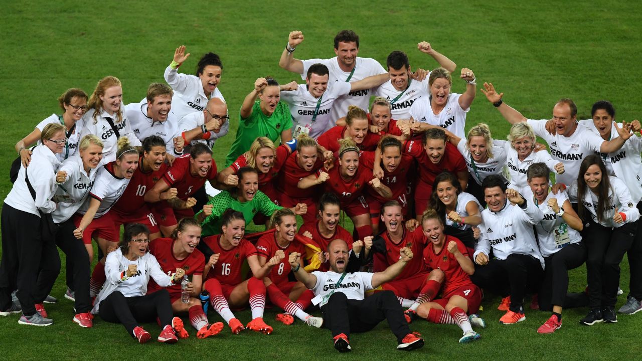 Germany's women's team celebrates its first Olympic soccer gold. 