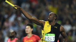 Jamaica's Usain Bolt celebrates his team's victory at the end of the Men's 4x100m relay final in Rio.