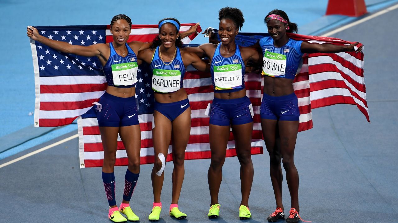 English Gardner, Allyson Felix, Tianna Bartoletta and Tori Bowie of the United States celebrate winning gold in the women's 4 x 100m relay final in Rio.