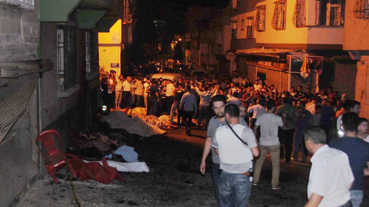 People gather after an explosion in Gaziantep in southeastern Turkey.