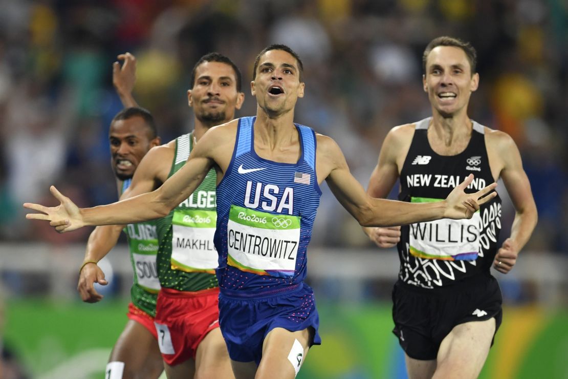 Matt Centrowitz (C) won the Olympic 1,500m title from Taoufik Makhloufi (left) and Nick Willis.  