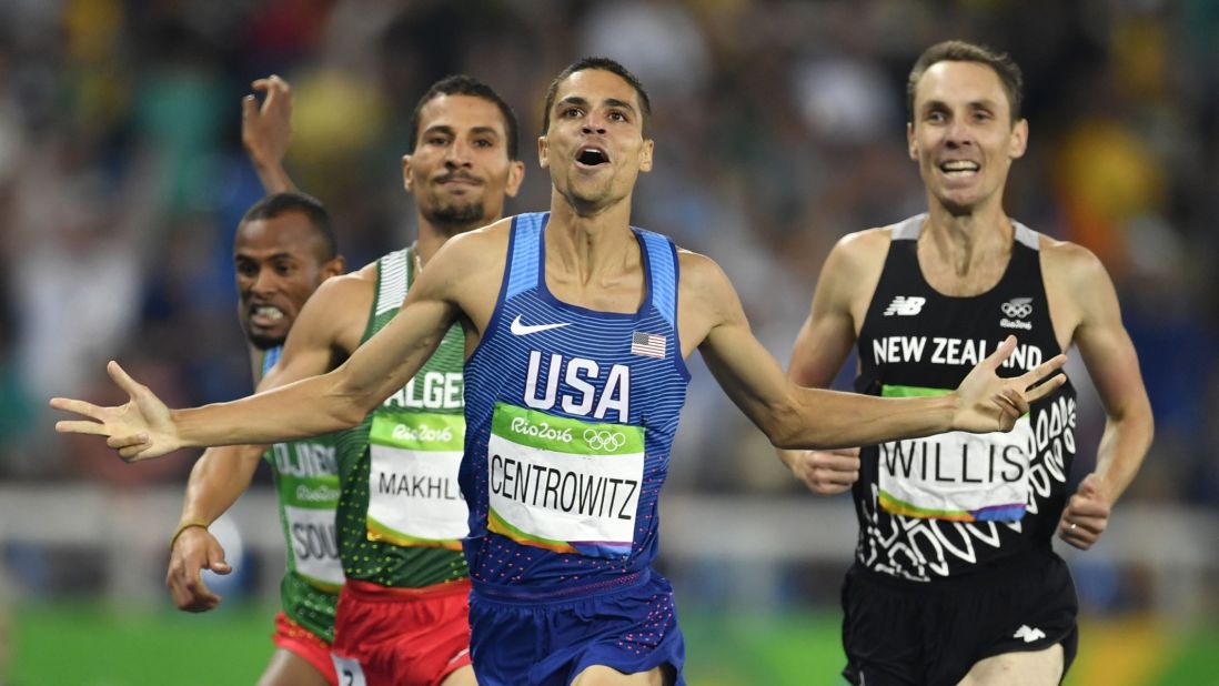 America's Matt Centrowitz, center, reacts after winning the men's 1,500-meter final followed by silver medallist Taoufik Makhloufi of Algeria, left, and bronze medallist Nick Willis of New Zealand, right. This is the first gold medal for the United States in the event since 1908.