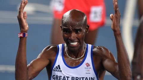 Britain's Mo Farah reacts after winning the men's 5,000m final.