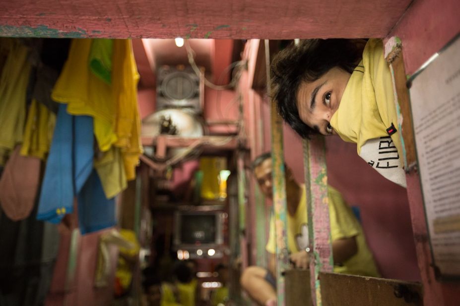 Dormitories are affectionately called barangays, a Filipino name for neighborhoods. One 200-square foot room houses 85 inmates. 