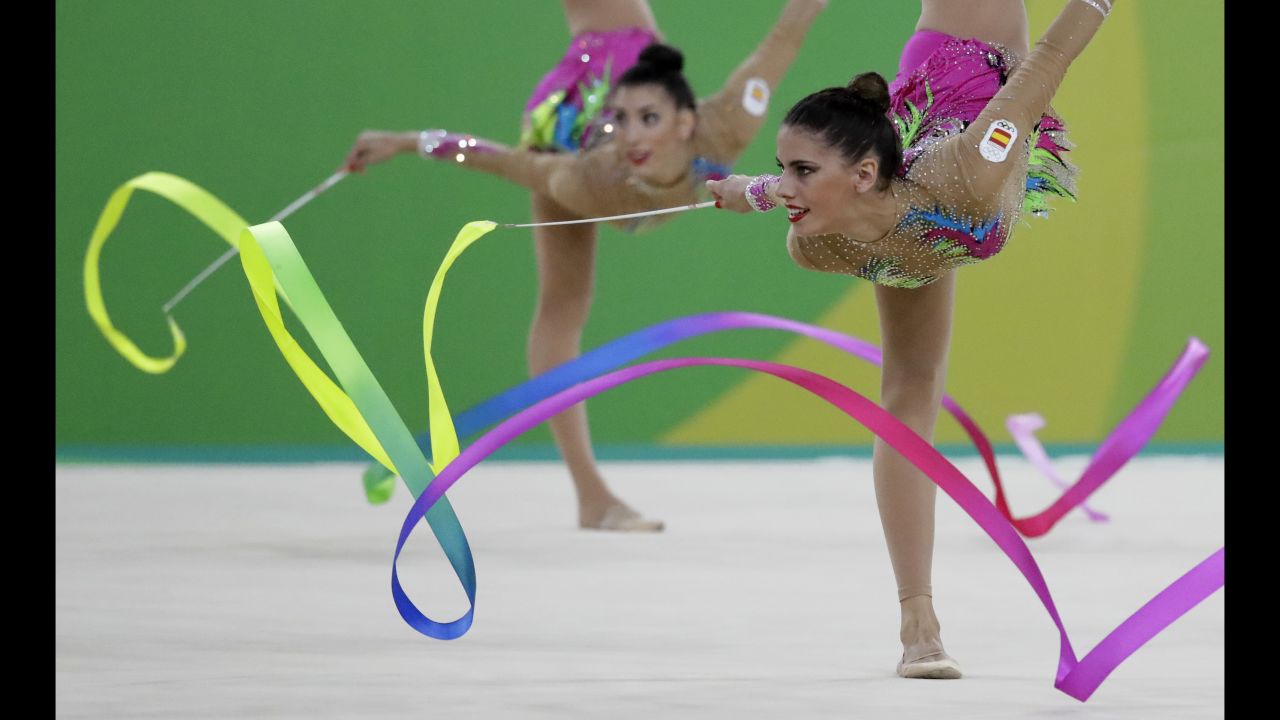 Rhythmic gymnasts from Spain perform in the team all-around final. They placed second, with Russia taking the gold and Bulgaria the bronze.