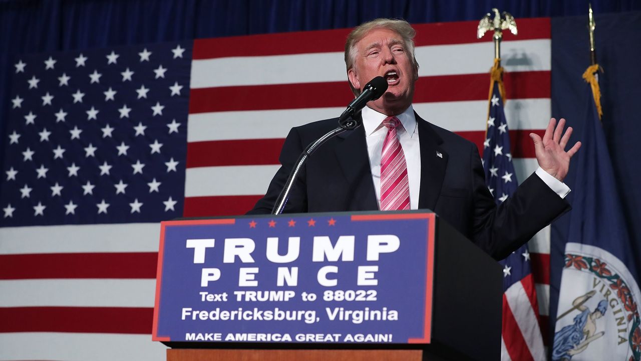 Republican presidential nominee Donald Trump speaks to voters during a campaign rally at Fredericksburg Expo Center August 20, 2016 in Fredericksburg, Virginia.
