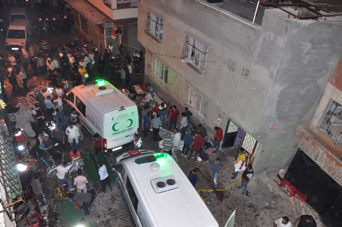 Ambulances at the scene of a bomb blast at a wedding party in Gaziantep.