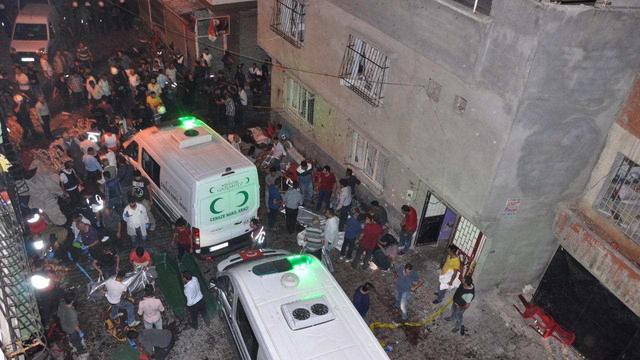 Ambulances at the scene of a bomb blast at a wedding party in Gaziantep.