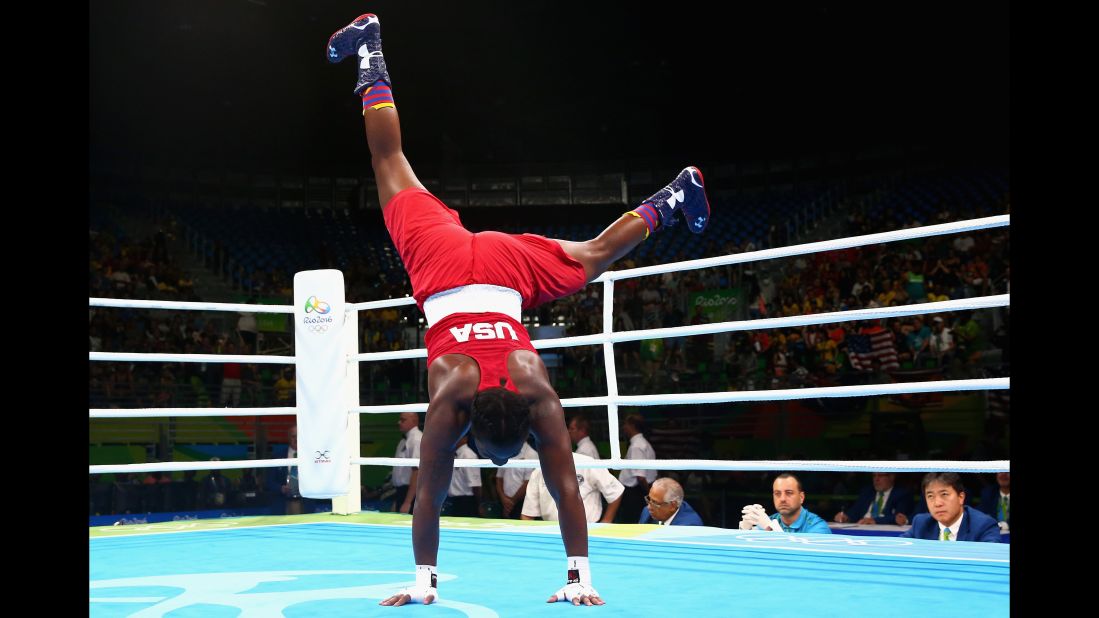 Claressa Shields of the United States celebrates her victory over the Netherlands' Nouchka Fontijn in the middleweight 75-kilogram (165-pound) final boxing bout. Shields is the first U.S. boxer to win back-to-back Olympic gold medals.