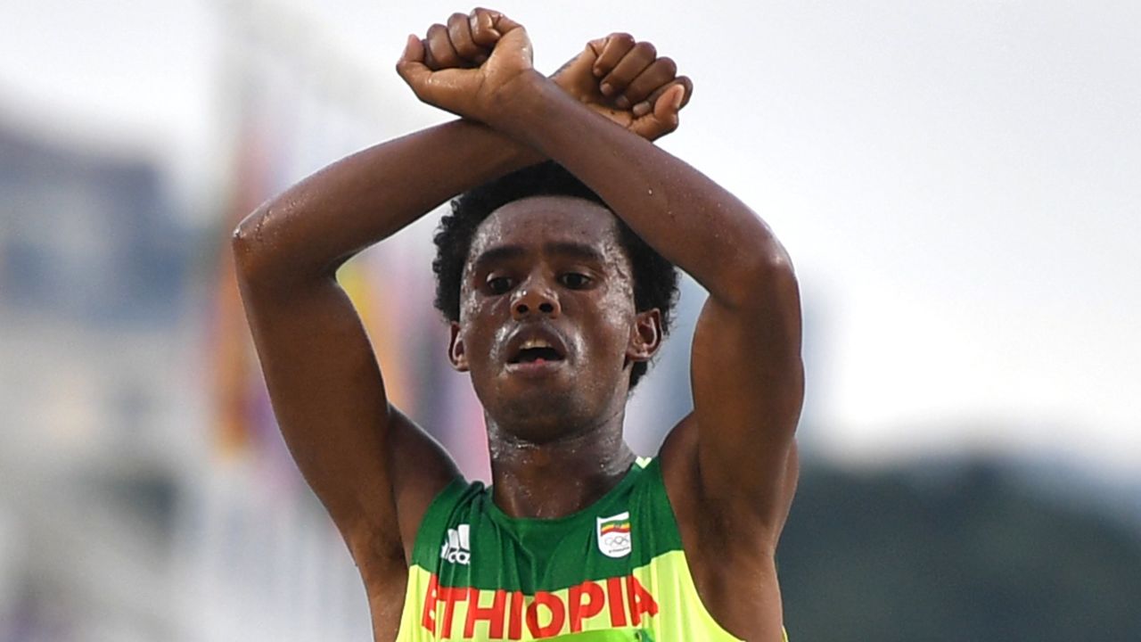 Ethiopia's Feyisa Lilesa crossed his arms above his head at the finish line of the Men's Marathon event as a protest against the Ethiopian government's crackdown on political dissent on August 21.